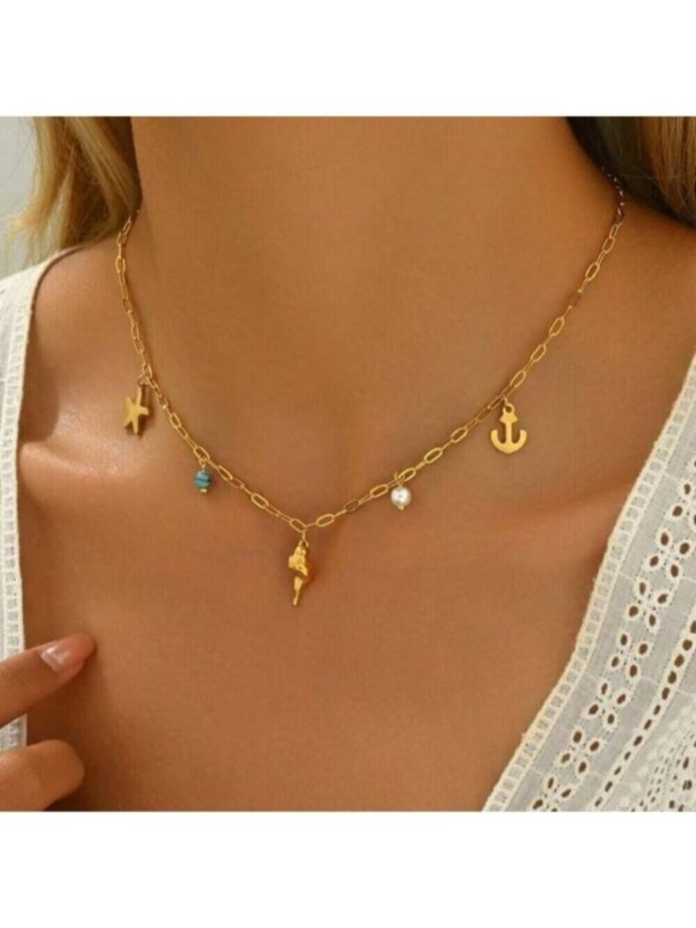 18K Gold Filled Nautical Charm Necklace – Starfish, Shell & Anchor